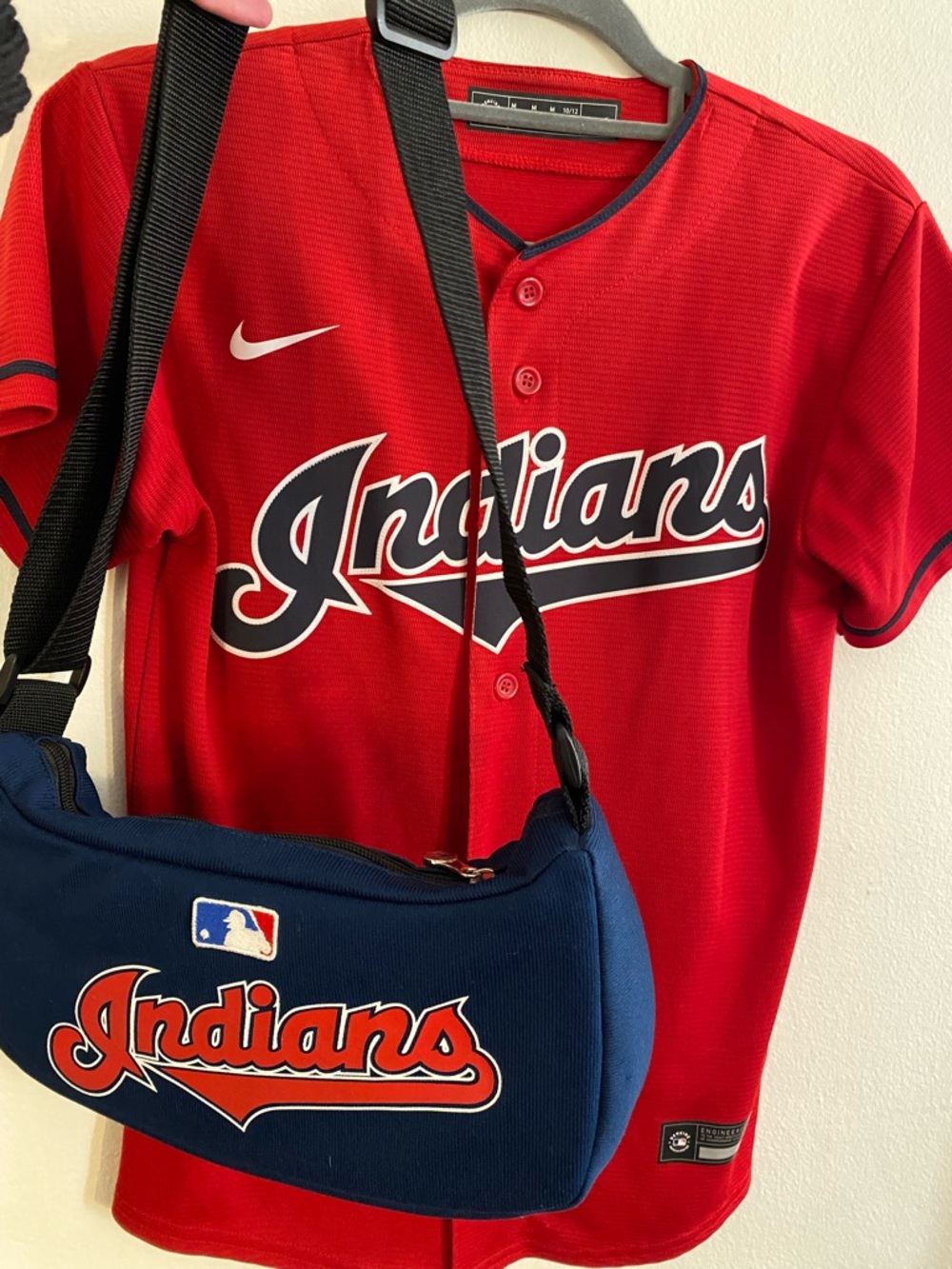 Nike Red and Navy Indians Baseball Jersey with Navy Logo Sling Bag